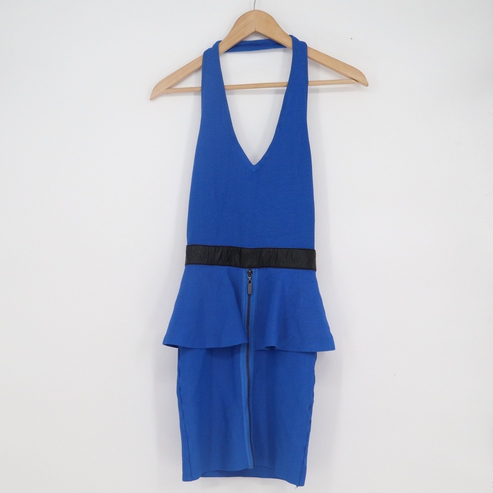 Bebe Royal Blue Peplum Halter Mini Dress Faux Leather Trim Front Zip XS